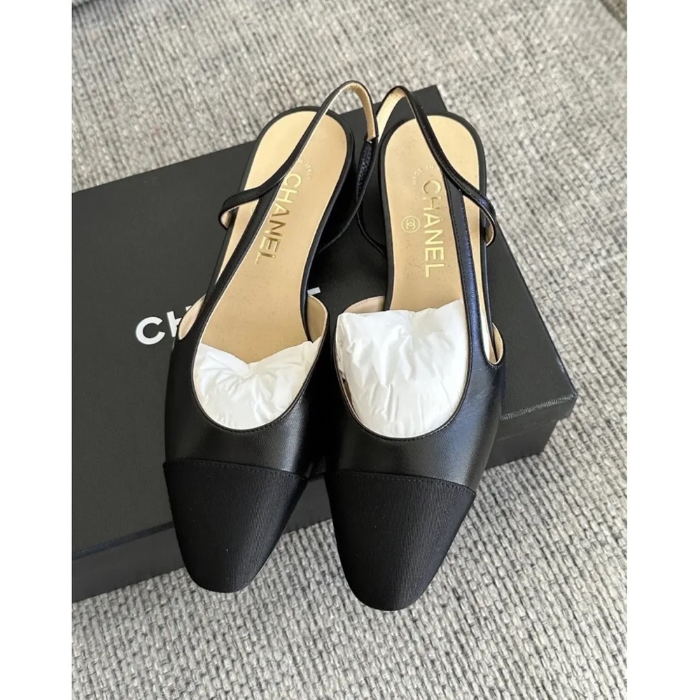 Goatskin Grosgrain Cap Toe CC Slingback Ballerina Flats in Black FR 38 / US 7 - Picture 4 of 15